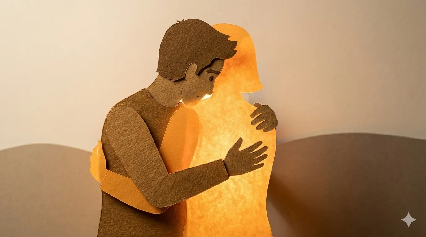 A paper figure of a man embraces a silhouette of light.