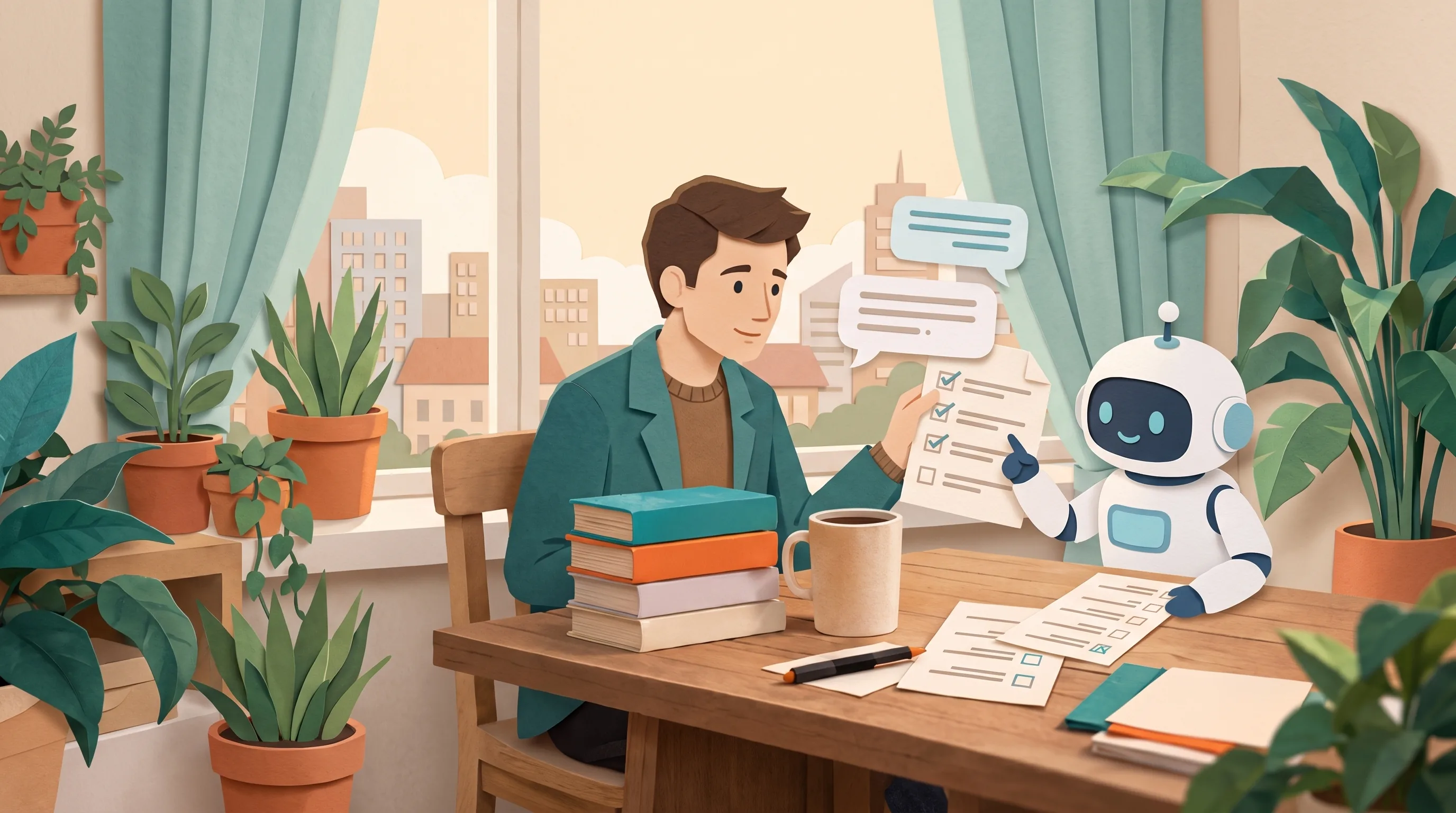 Papercut illustration — a man at a desk with a robot assistant, chat bubbles and a checklist