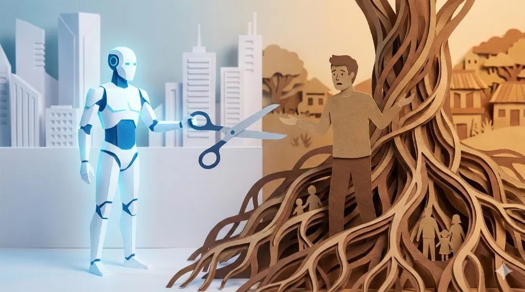 A robot with scissors facing a person entwined with tree roots.