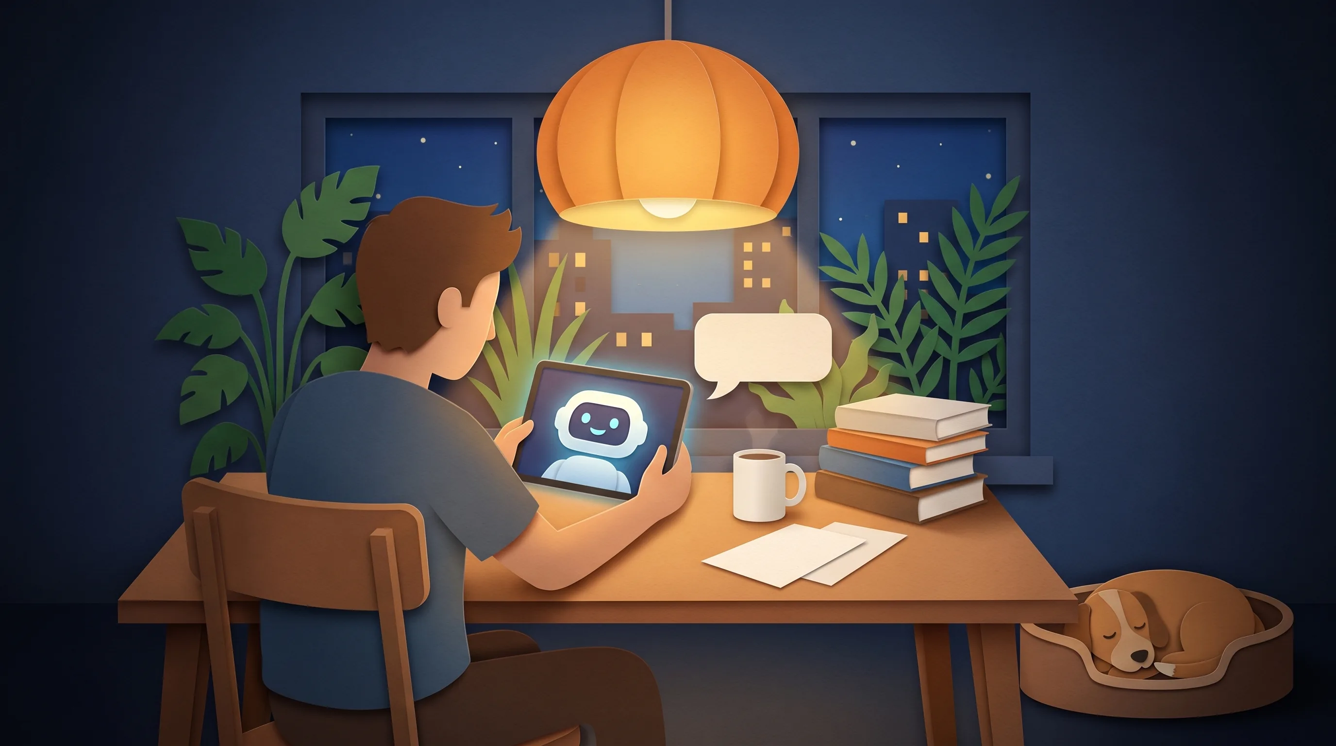 Papercut illustration — a man at a desk at night with a tablet, a robot on its screen