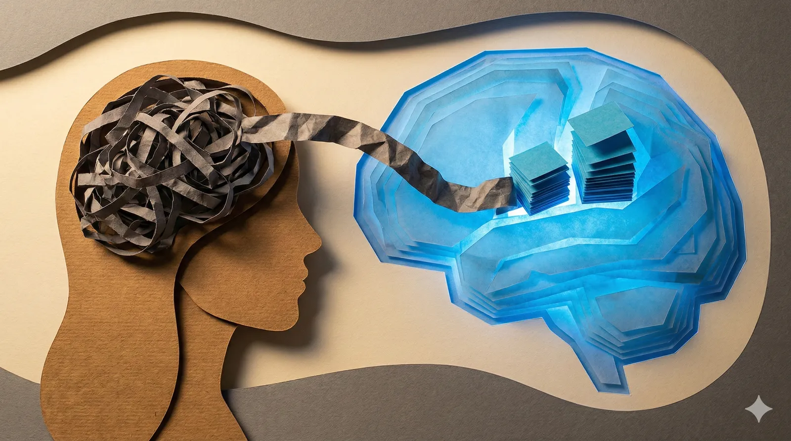 A paper figure moves notes between its own head and a digital tool.