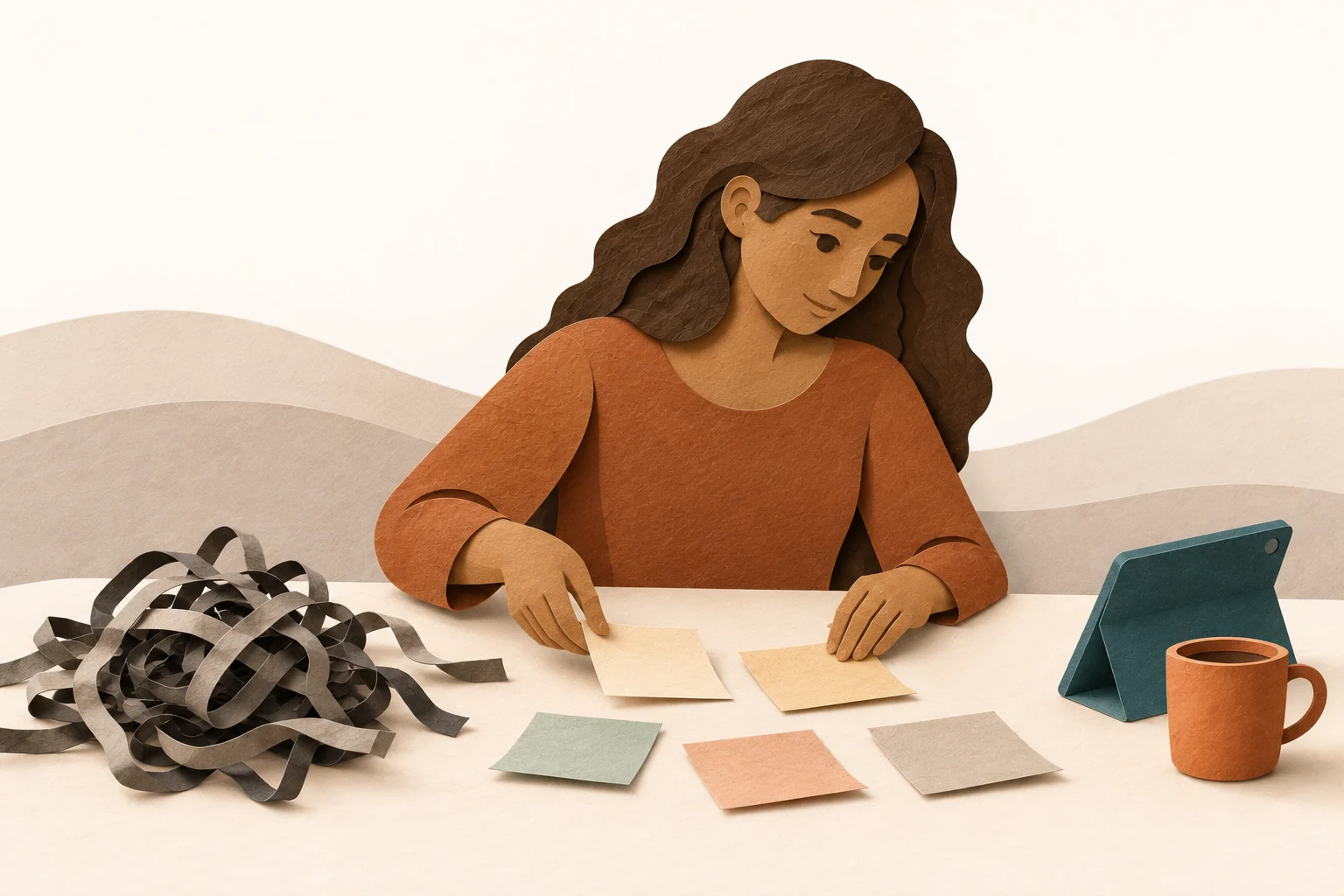 A woman lays out separate paper notes beside a tangle of strips. The tablet stays to one side.