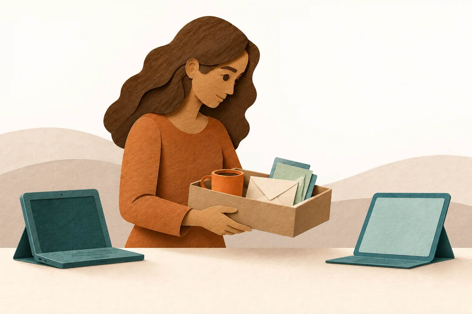 A woman carries a box with a mug, letter and cards between two devices. The individual objects remain distinguishable.