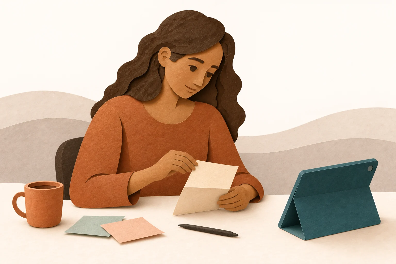 A woman opens a folded note beside a tablet. She chooses how the conversation begins.