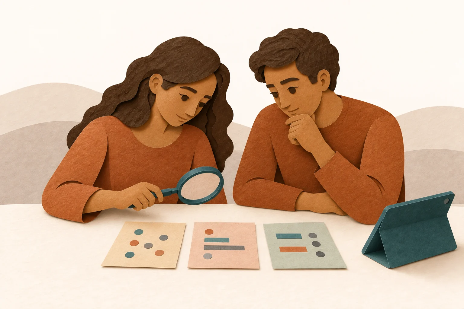 Two people compare different pieces of research evidence. A tablet stands to one side.