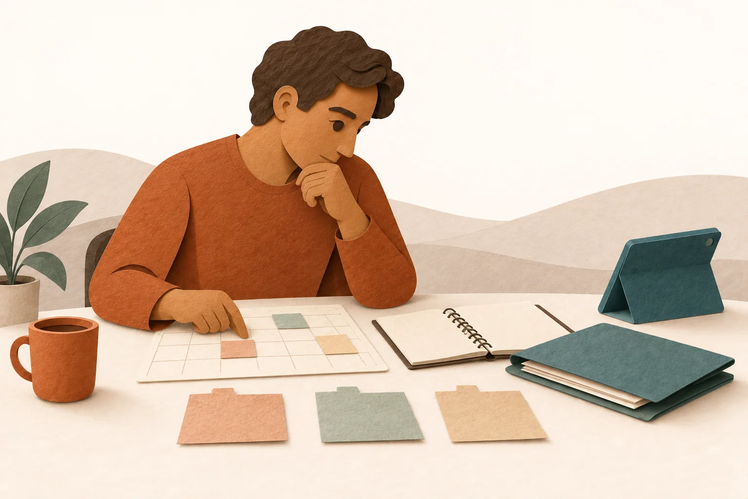 A man examines a calendar, a school exercise book and work documents. Several possible explanations remain open beside them.