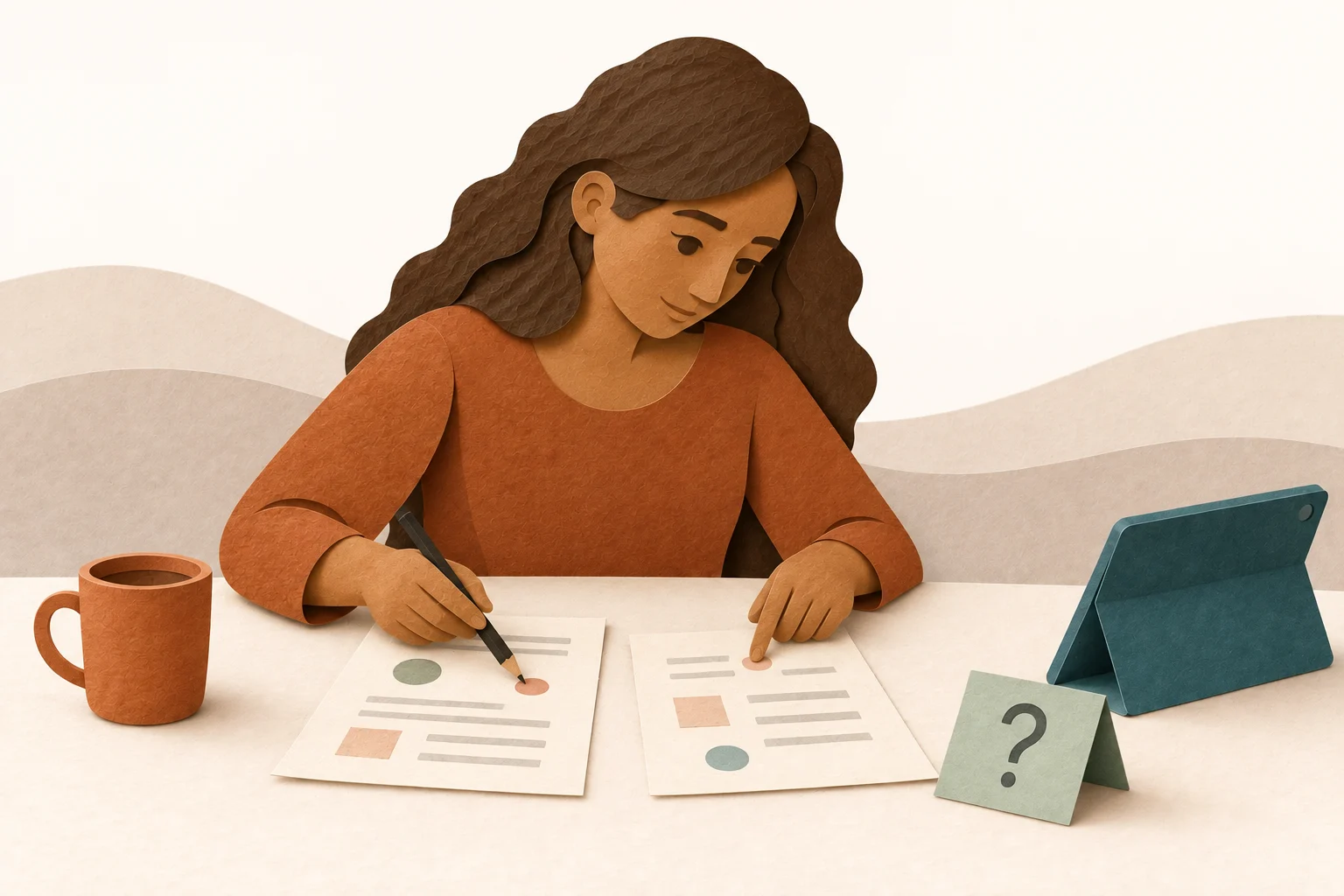 A woman compares two documents and prepares a separate note with a question for a consultation.