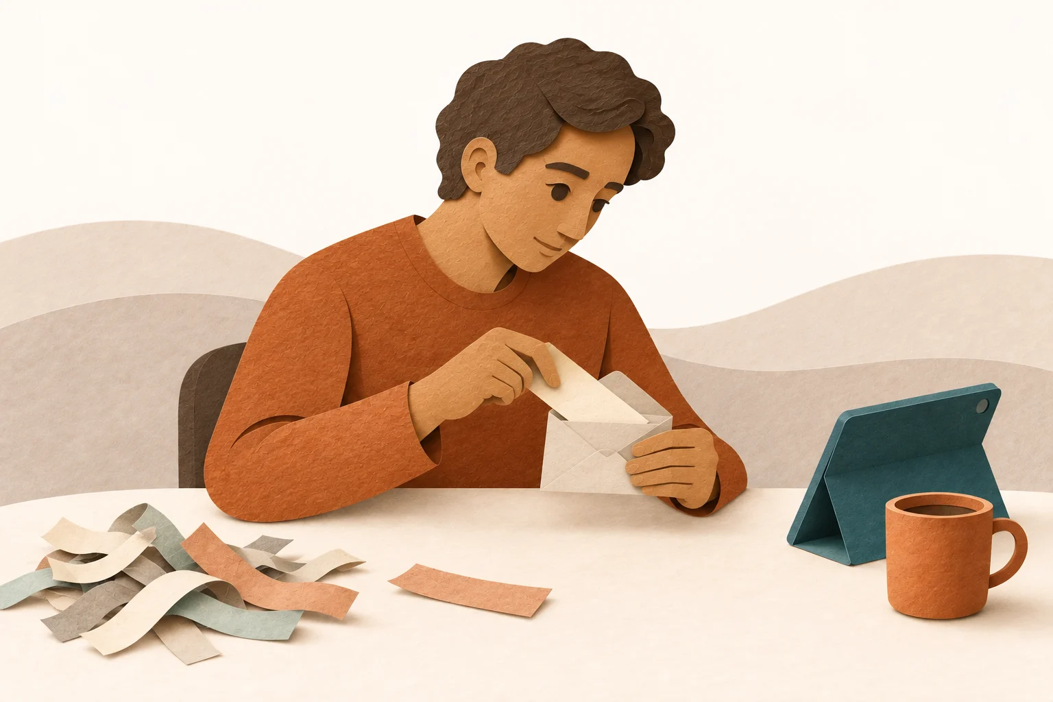 A man selects his own message from a draft and sets aside the part he does not want to use.