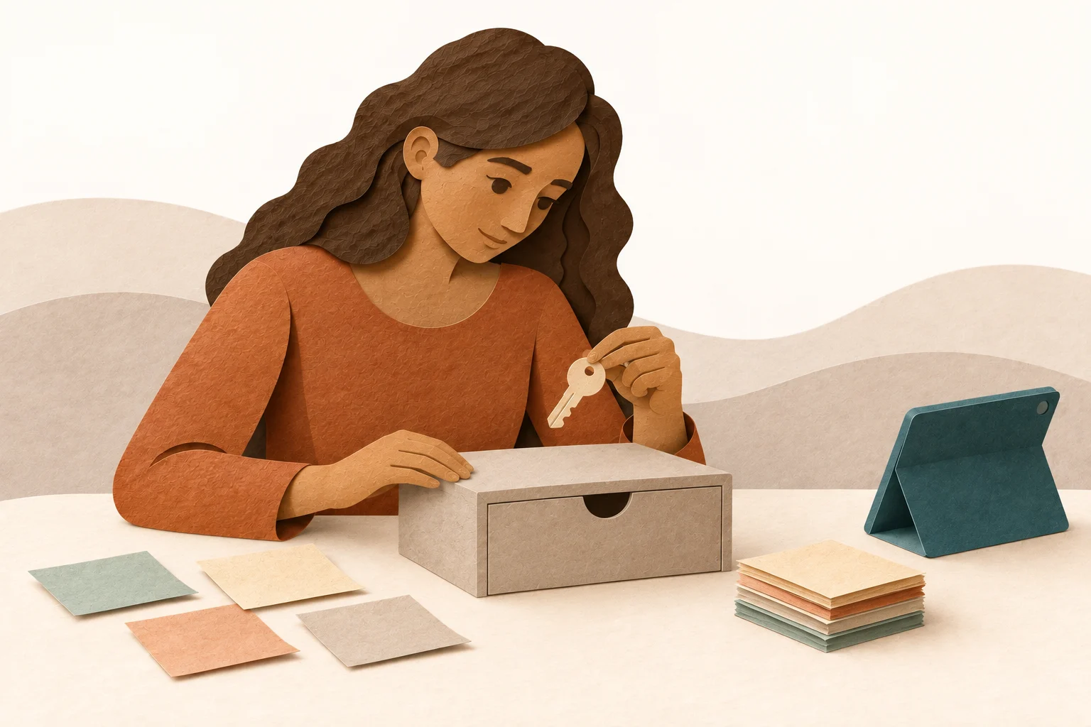 A person holds a key beside a closed drawer. Only selected materials for the current work lie on the table.