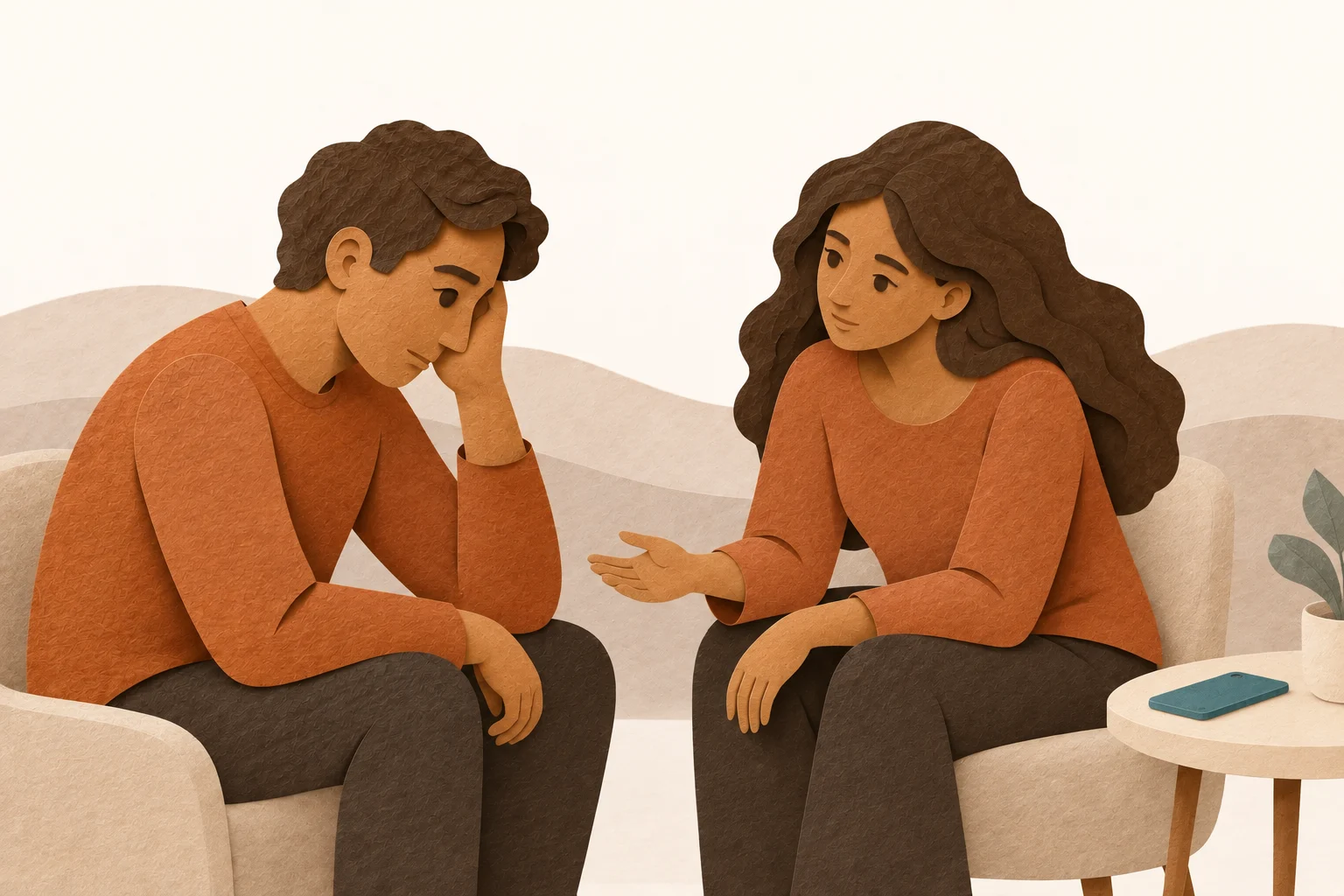 Two adults talk in a calm space. One listens; the phone stays within reach.