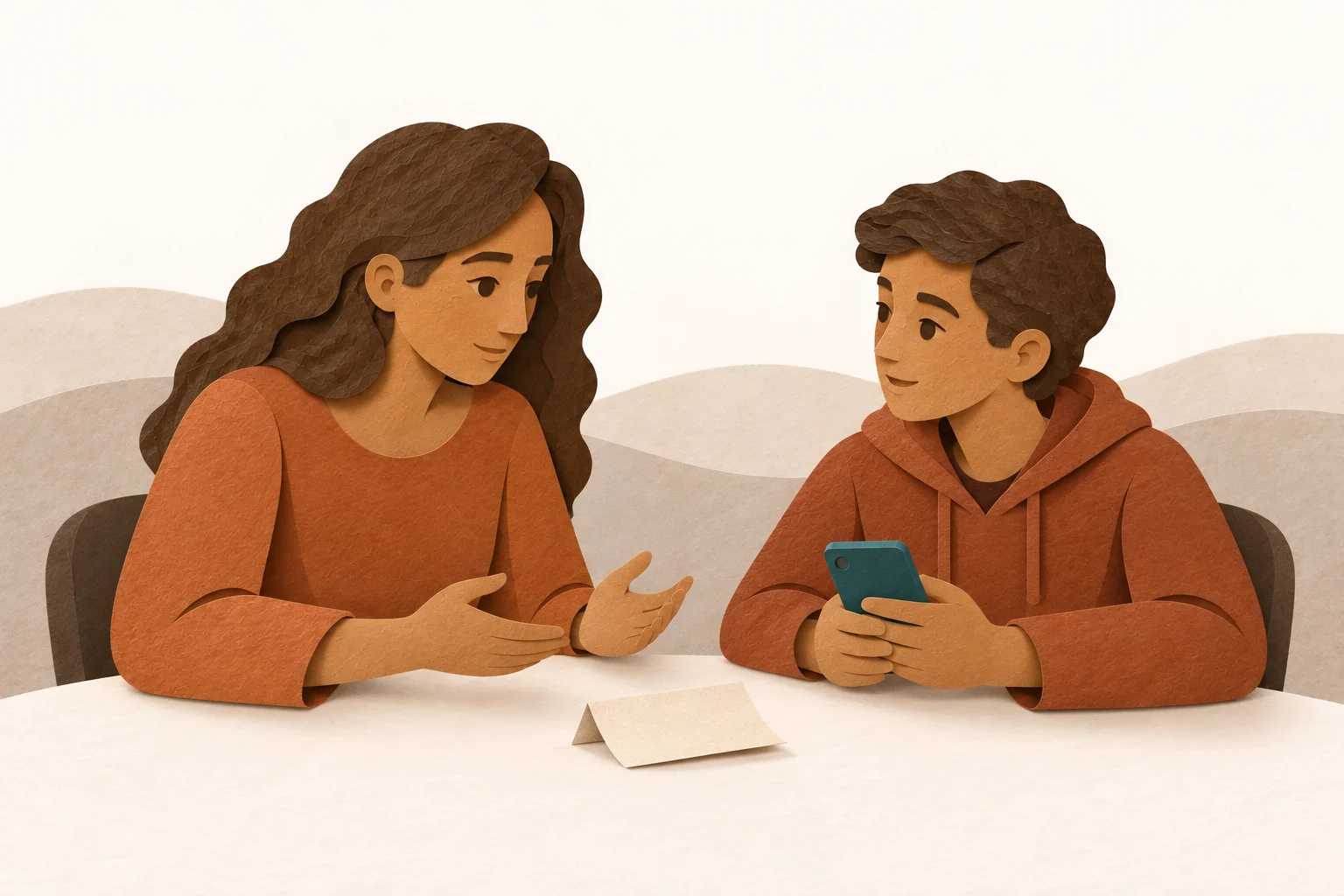 An adult listens to a teenager. The phone stays in the young person’s hands.
