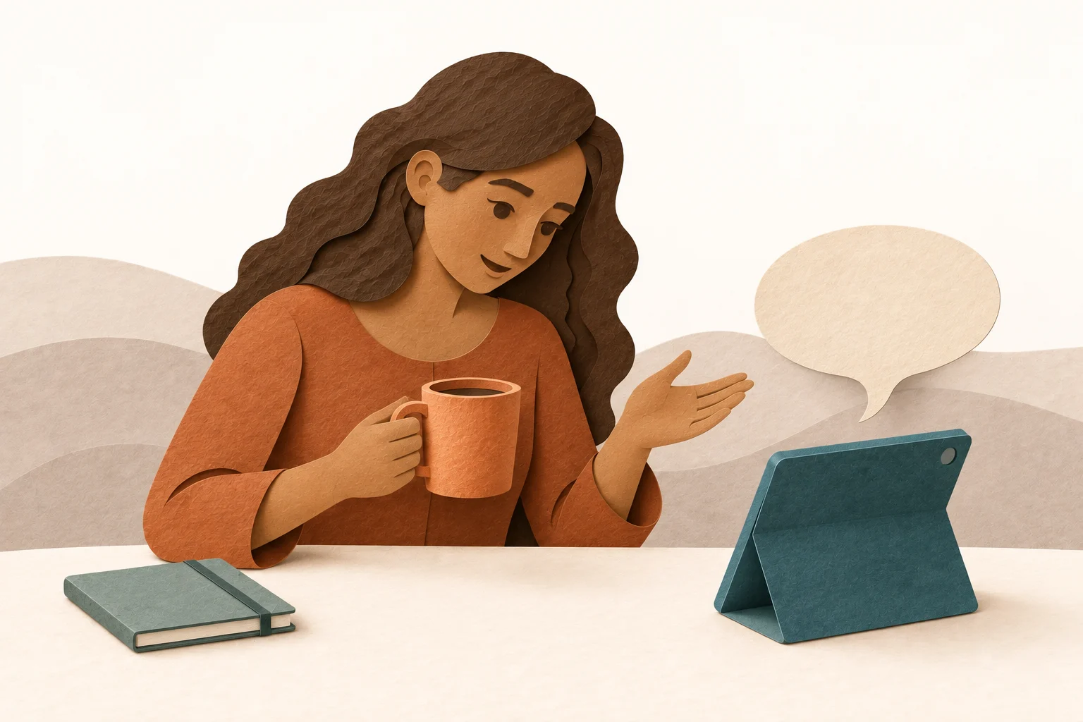 A woman shares the story of an ordinary mug in a conversation with a digital assistant.