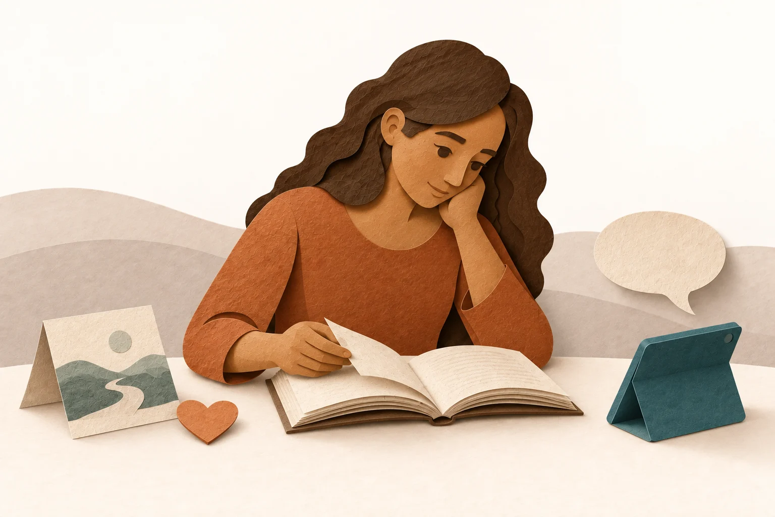 A woman reads a book beside a chat device. The conversation follows her own interest.