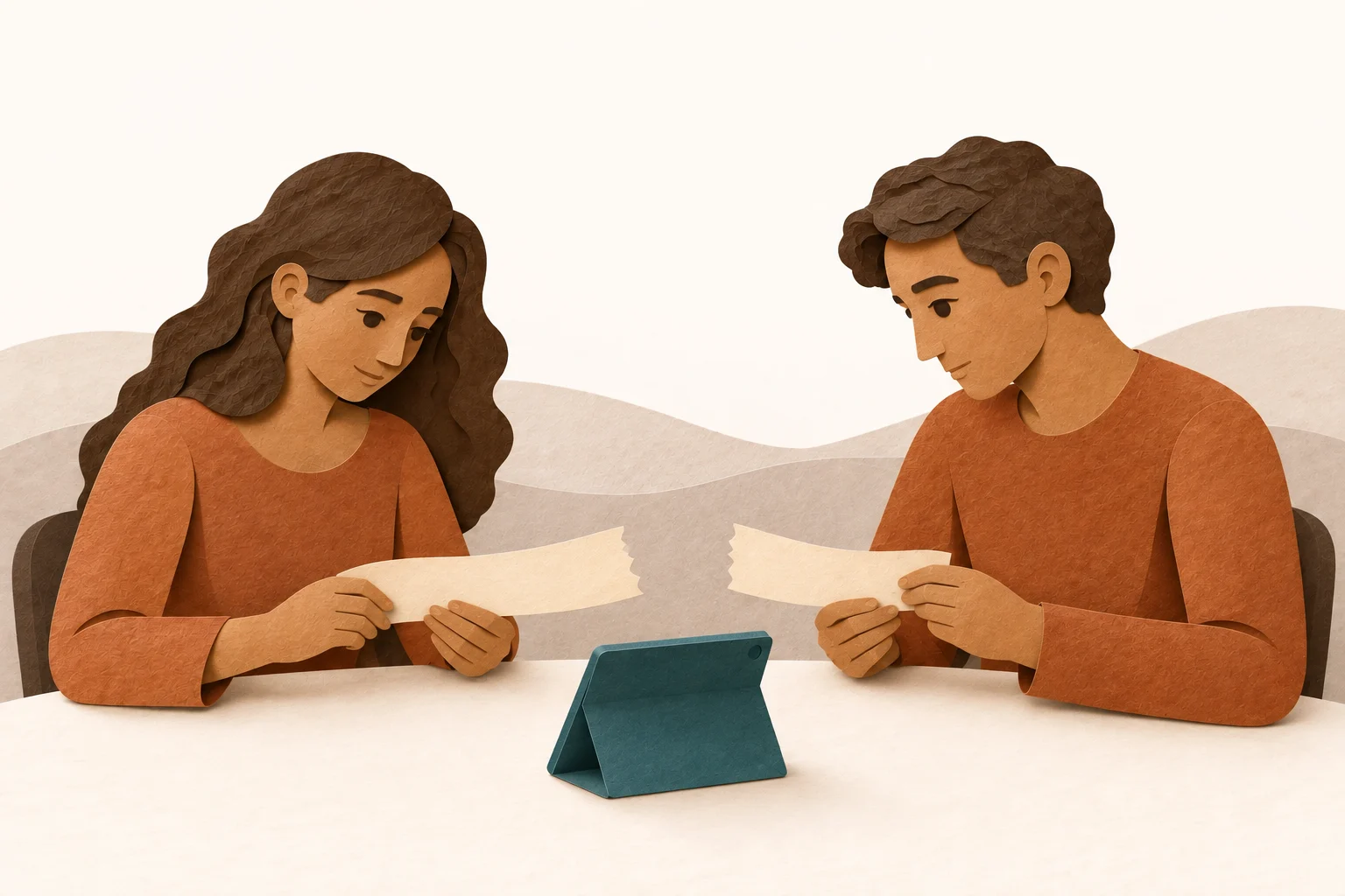 Two people hold different parts of the same conversation. The device between them does not see the whole story.