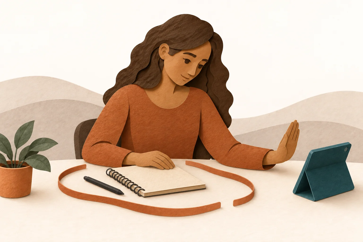 A woman indicates her own boundary beside a device and a personal notebook.