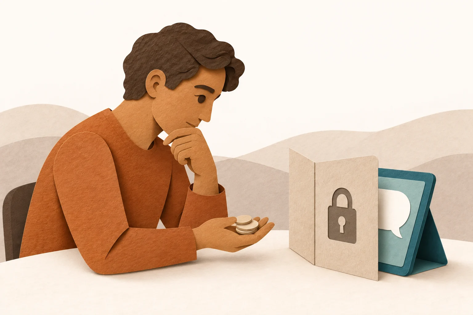 A person considers a payment. A folding paper partition covers part of a speech bubble.