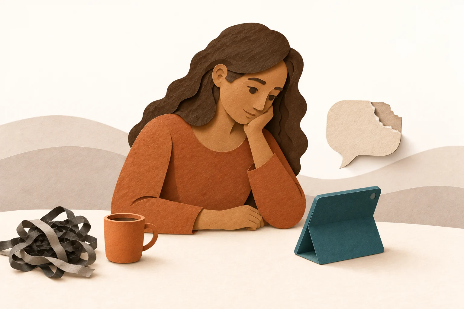 A woman looks at a device with an incomplete paper bubble. A mug and a tangle of strips lie beside her.
