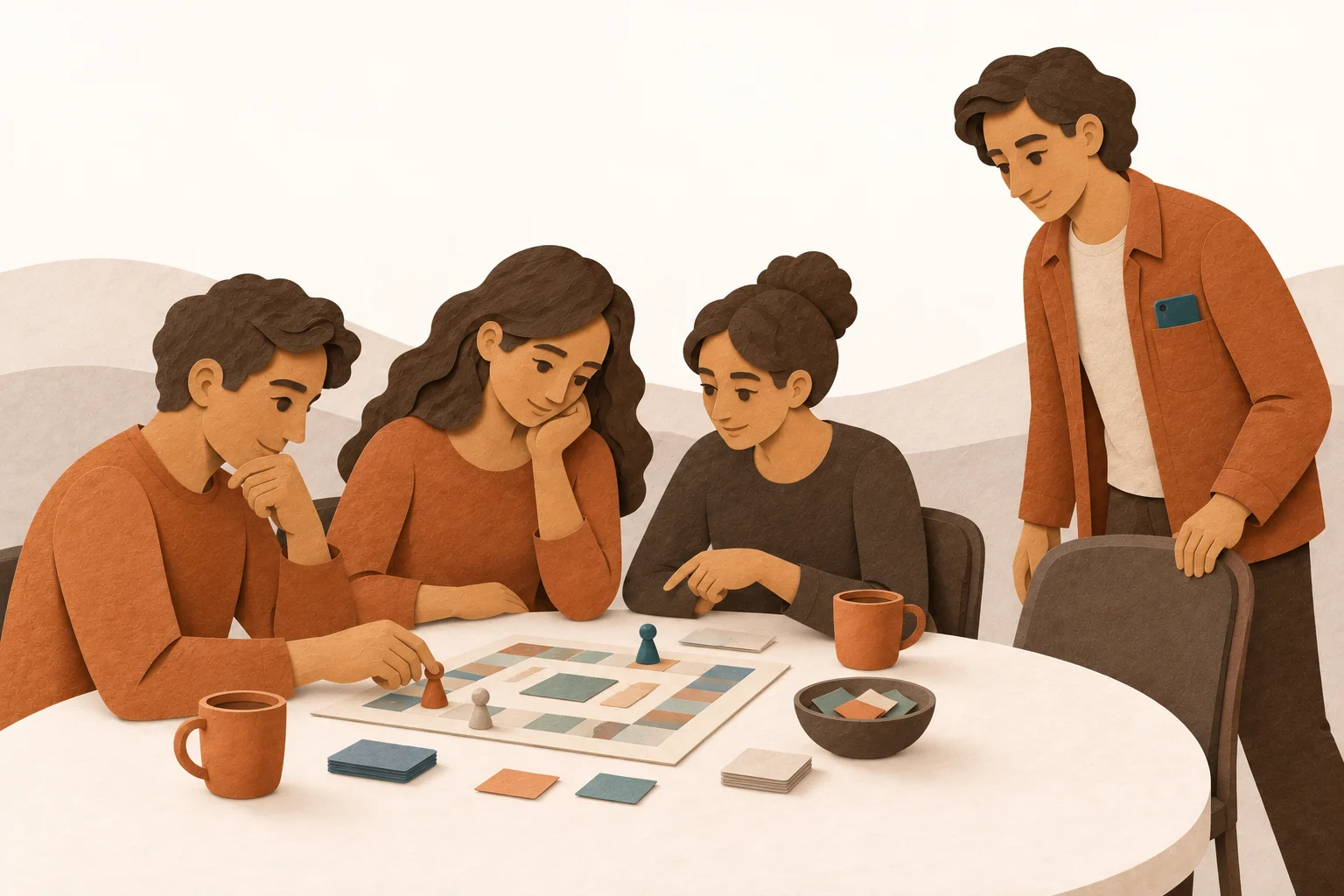A group playing a board game makes room for a new person. The phone stays in a pocket.