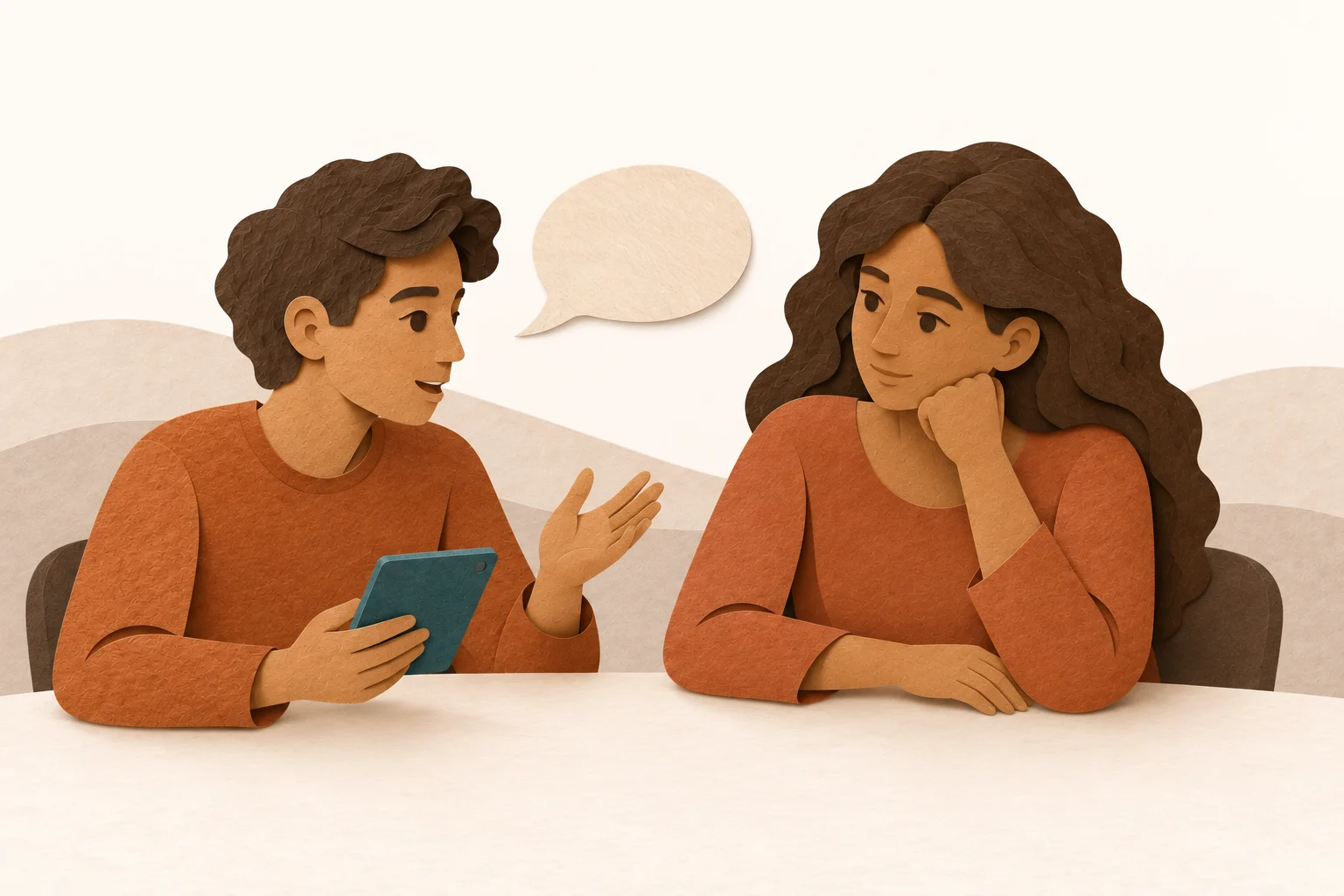 A teenager talks about digital contact. The parent watches their face, not the screen.