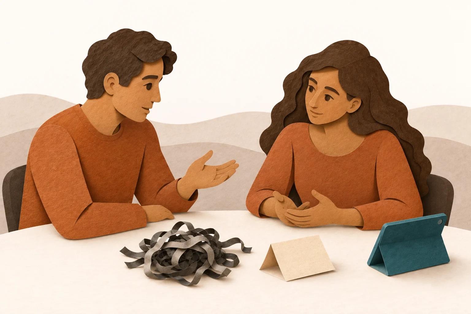 Two close people talk. Different materials for practical help and a conversation about experience lie between them.
