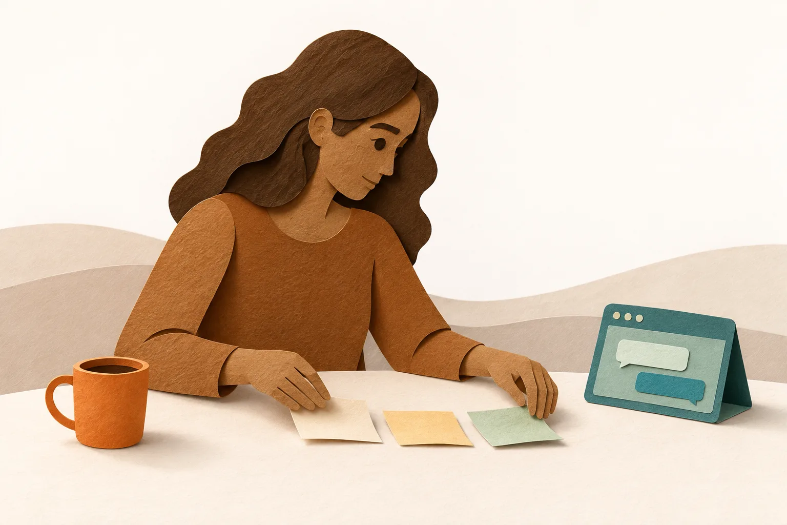 A paper figure organises its thoughts at a table; a digital tool remains beside it.