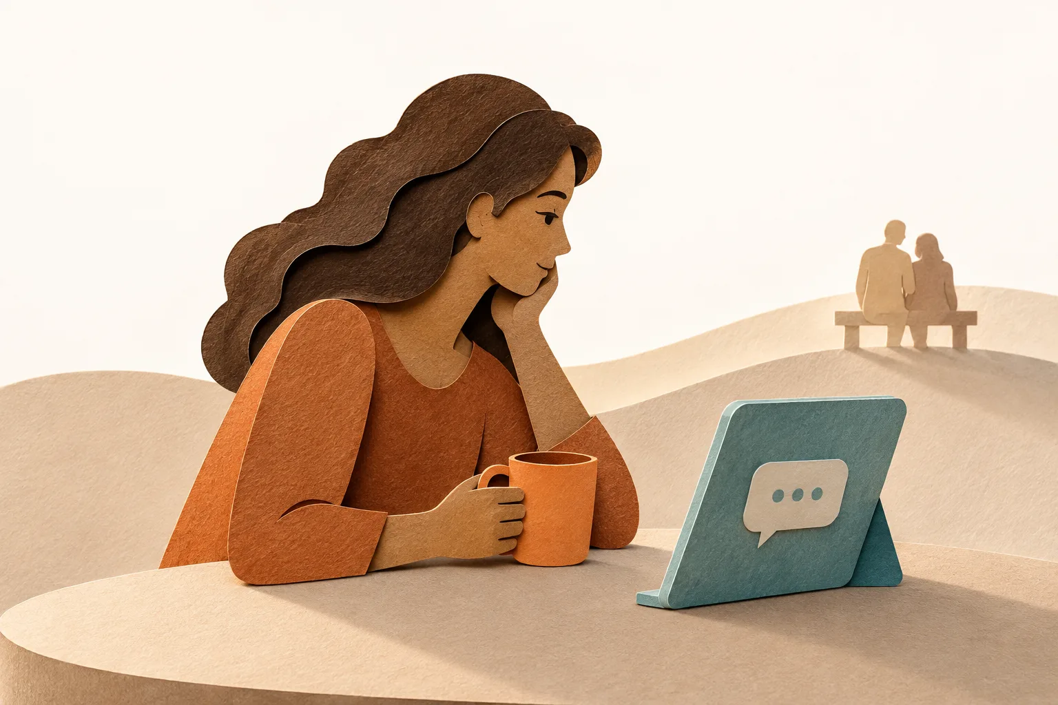 A paper figure with a mug beside a digital conversation, with room for human relationships in the background.