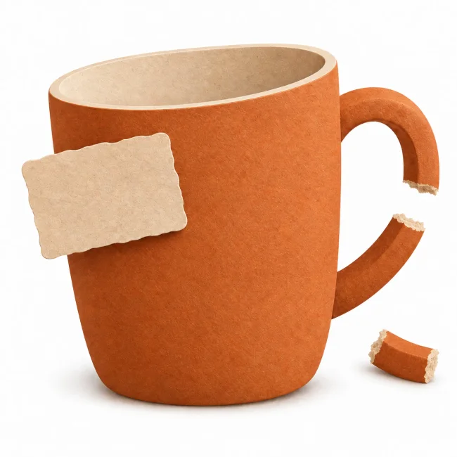 The same mug with a piece of its handle broken off and lying beside it.
