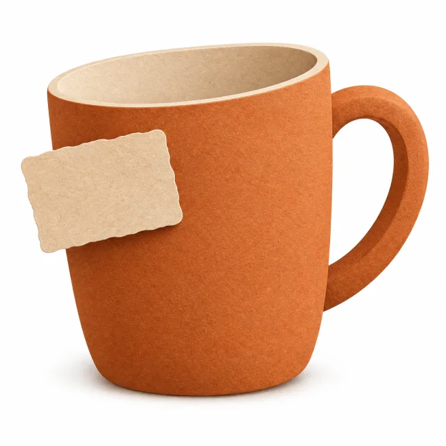 An orange paper mug with an intact handle.