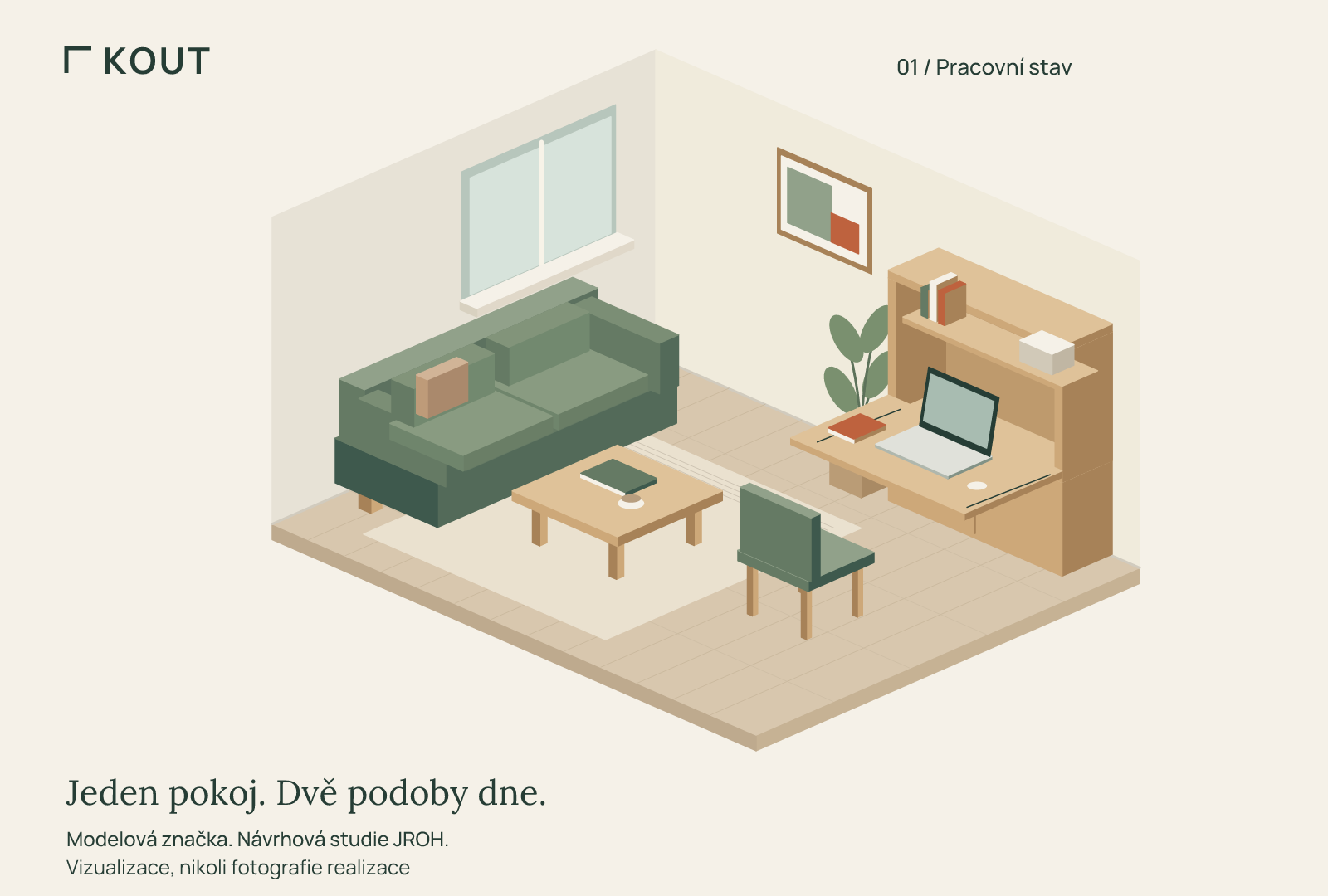 KOUT vector study: a living room with the bureau open and space to work.