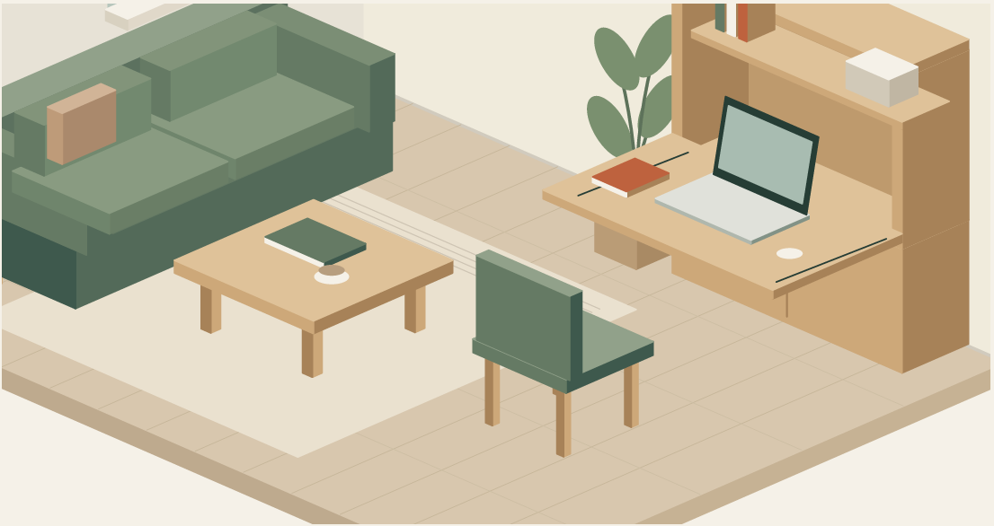 Oak and green elements in the same room