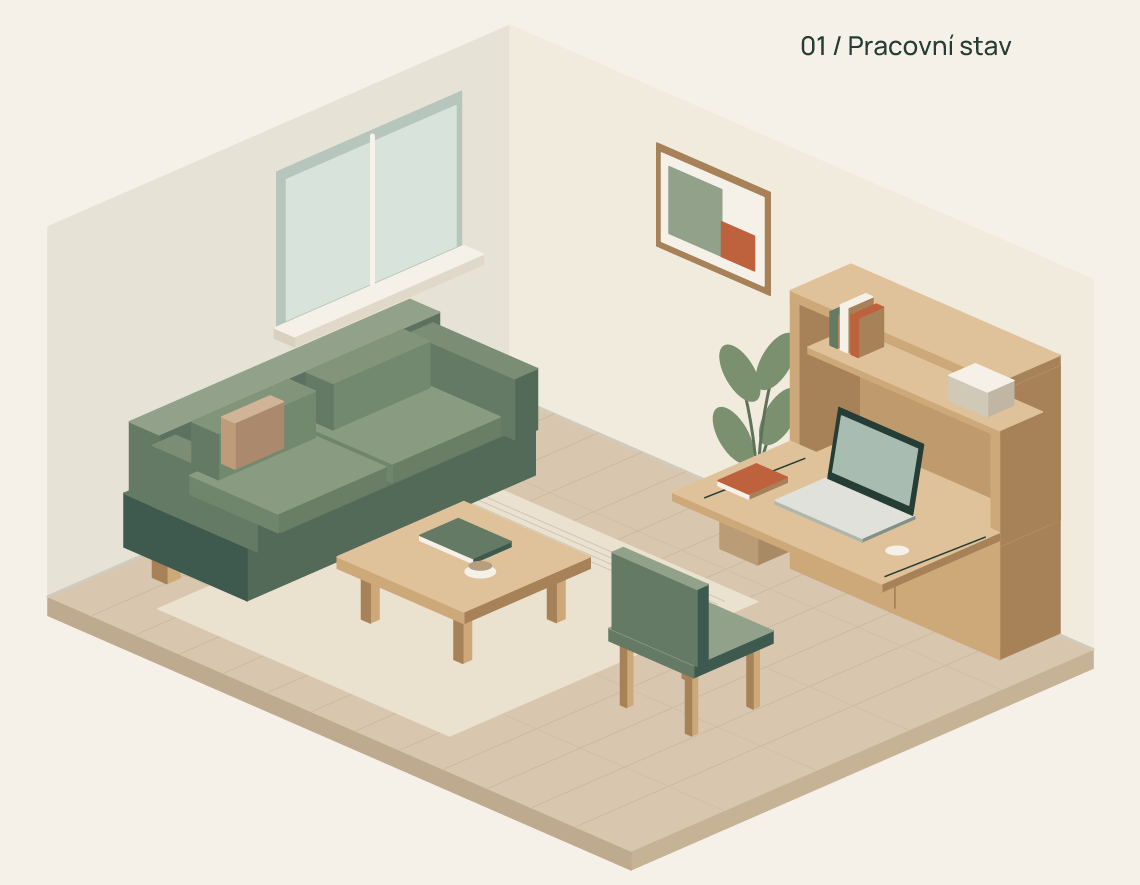 One living room: a green sofa, oak table and open bureau with a workspace