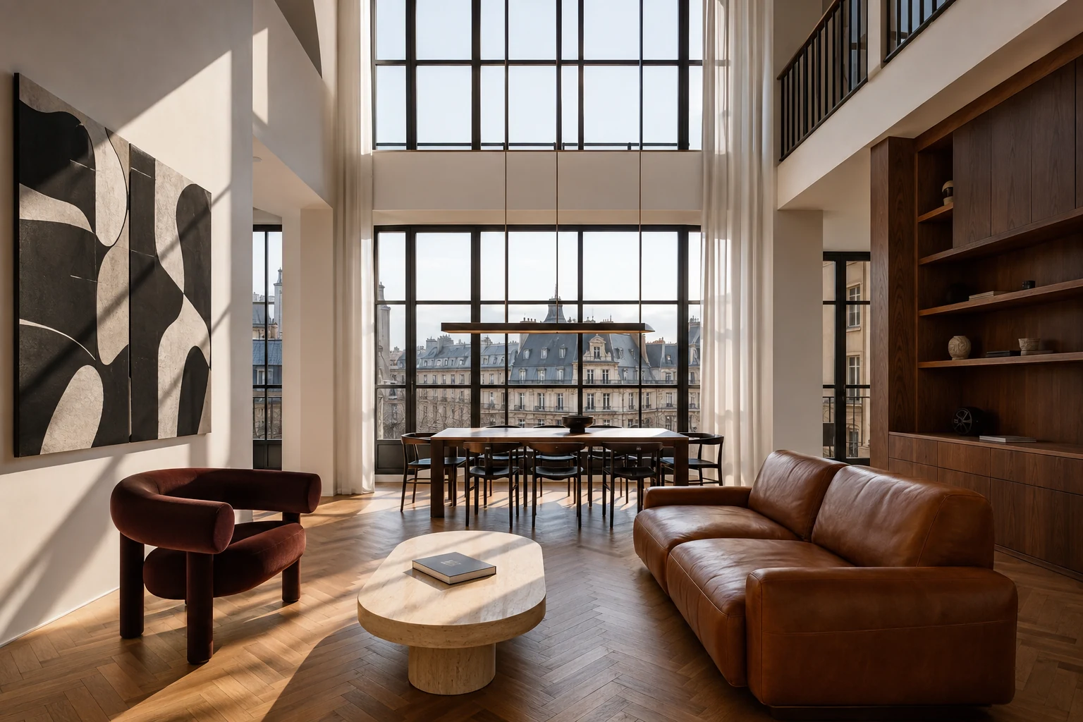 Visual study of a loft flat with tall industrial windows