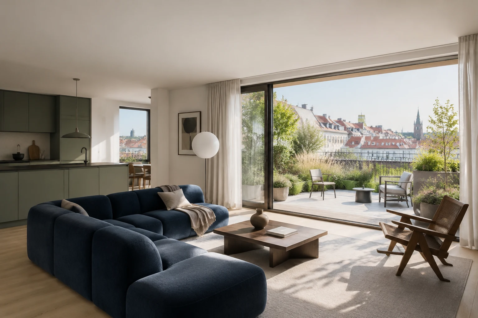 Visual study of a bright flat with a terrace above the city rooftops